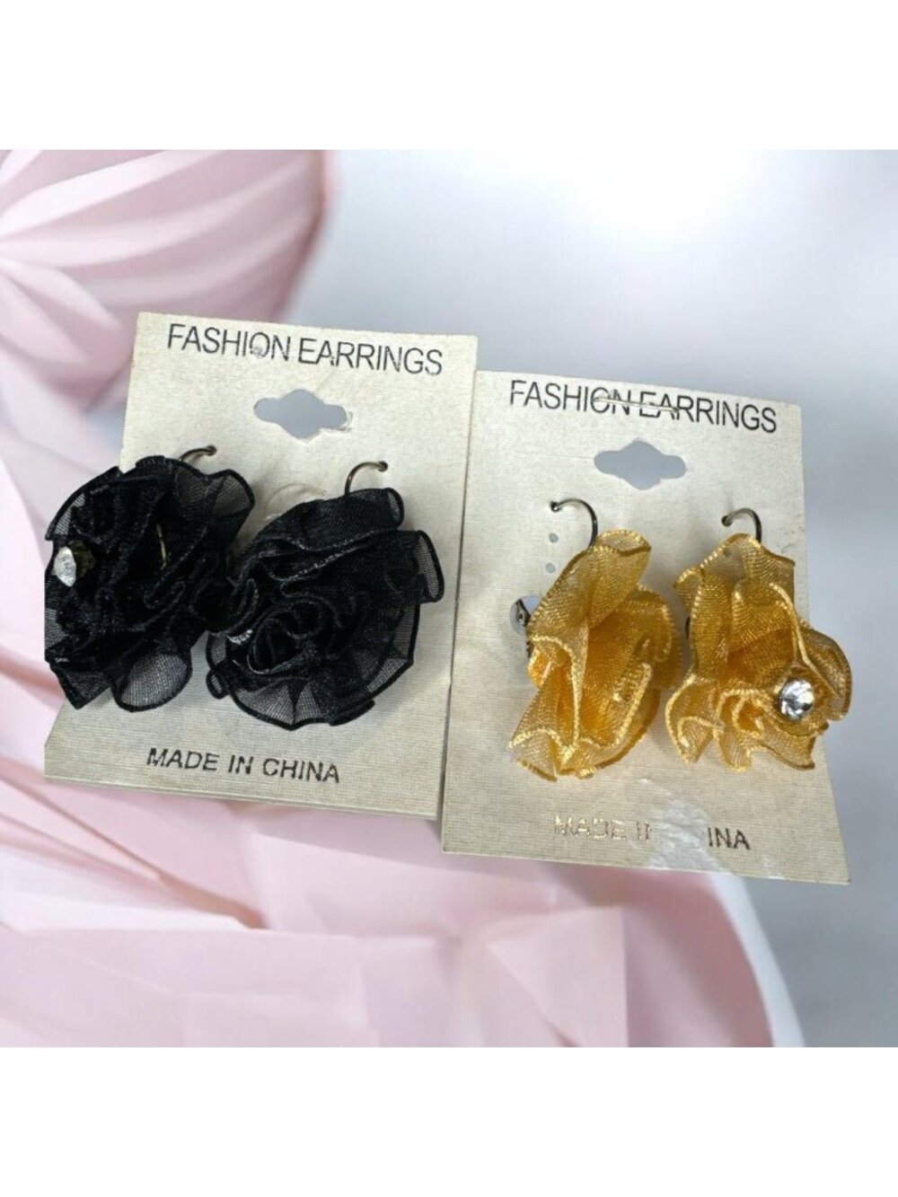 Fashion Earrings With Mesh Rose Design & Rhinestone Accent Black & Gold Options